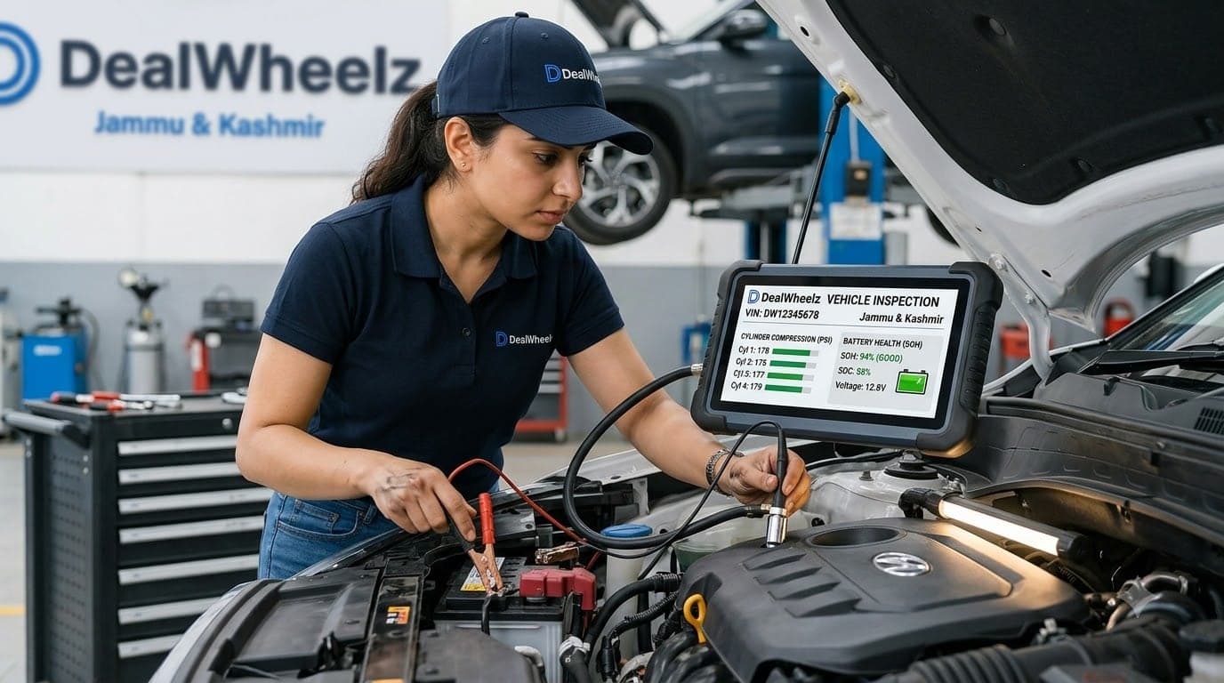 DealWheelz certified mechanic using OBD-II scanner during 140-point inspection